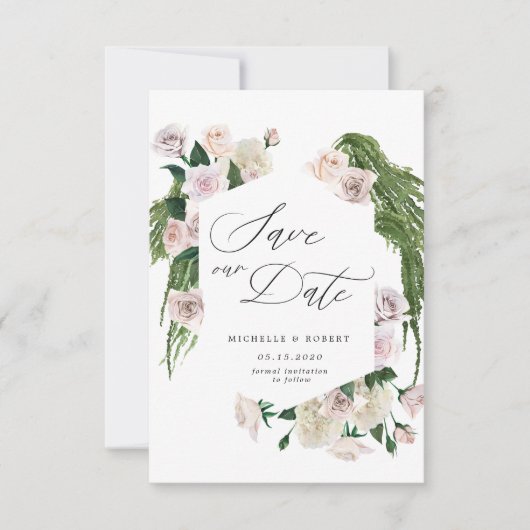 Blush-Rose-raffinierte, blumengeschmückte Save the Einladung (Vorderseite)