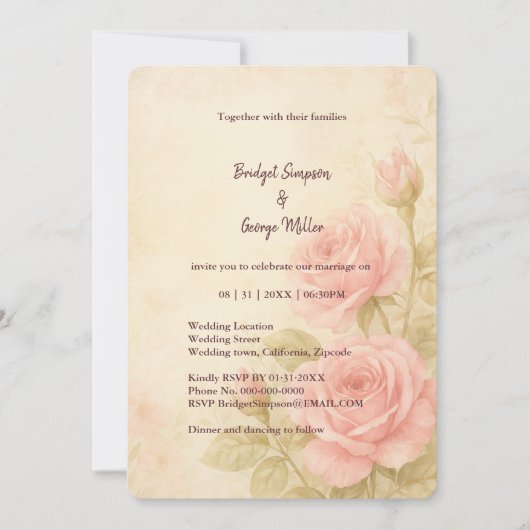 Blush Rose Romantische Vintage Hochzeit Einladung (Vorderseite)