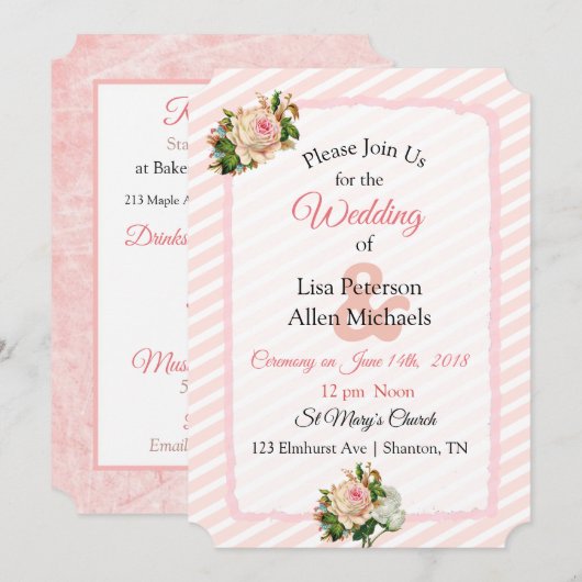 Blush Rose Rosa gestreift Bläserne Hochzeit Einlad Einladung (Vorne/Hinten)