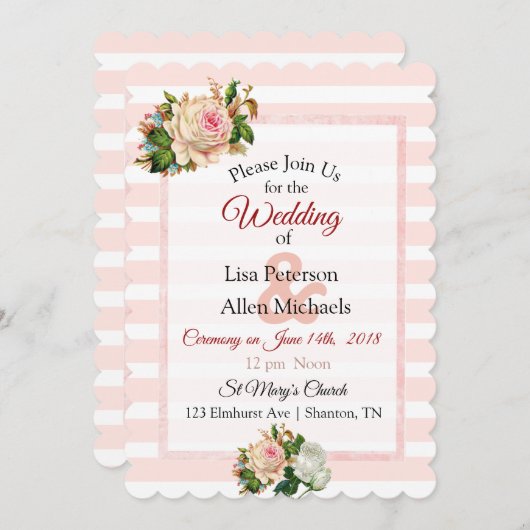 Blush Rose Rosa gestreift Bläserne Hochzeit Einlad Einladung (Vorne/Hinten)