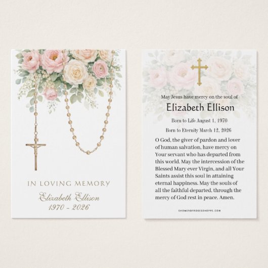 Blush Rose Rosary Draped Memorial Prayer (Vorne & Hinten)