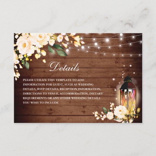 Blush Rose Rustikale Holzlattern Hochzeitsdetails Begleitkarte (Vorderseite)