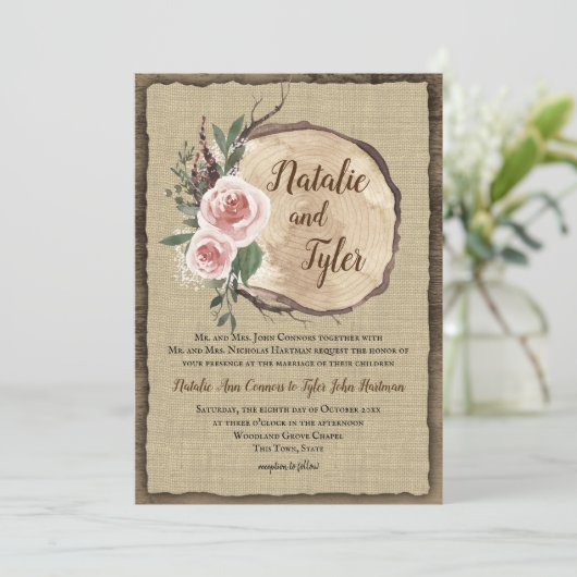 Blush Rose Tree Slice Boho Chic Wedding Einladung (Stehend Vorderseite)