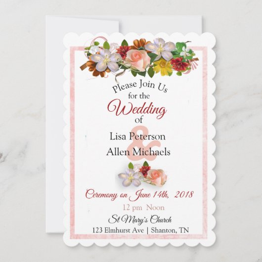 Blush Rose und Maroon Floral Wedding Einladung (Vorderseite)