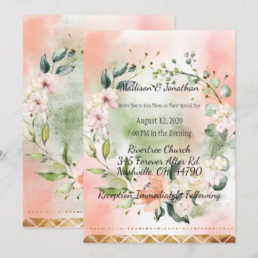 Blush Rose Wasserfarbe Elegantes Skript Hochzeit Einladung (Vorne/Hinten)