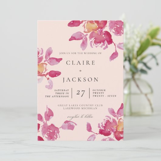Blush Rose Wasserfarbe Moderne Hochzeit Einladung (Stehend Vorderseite)