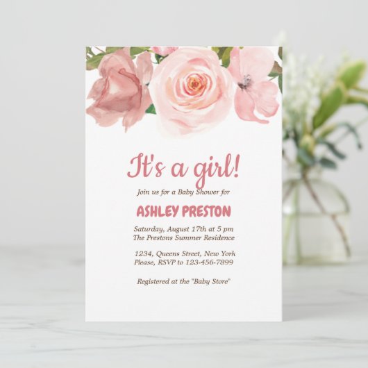 Blush Rose Wasserfarben BläsernBaby Dusche Einladung (Stehend Vorderseite)