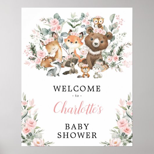 Blush Rose Woodland Animals Kinderdusche Begrüßung Poster (Vorne)