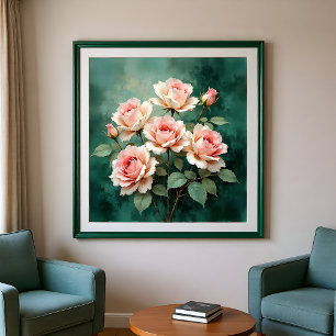 Blush-Rosen-Eleganz auf tiefem Jade Fotodruck
