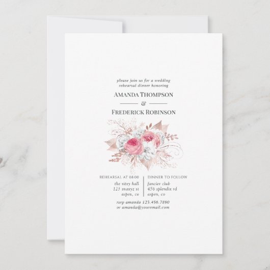 Blush & Rosen Gold Floral and Lace Probe Dinner Einladung (Vorderseite)