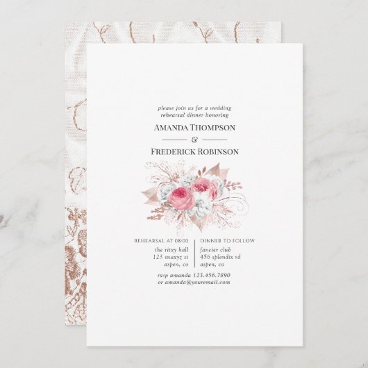 Blush & Rosen Gold Floral and Lace Probe Dinner Einladung (Vorne/Hinten)