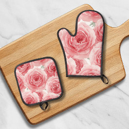 Blush Roses Watercolor Floral Pink Petal Pattern Ofenhandschuh & Topflappen-Set