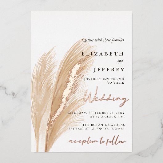 Blush Rustic Earthy Neutral Boho Pampas Wedding Folieneinladung (Vorderseite)