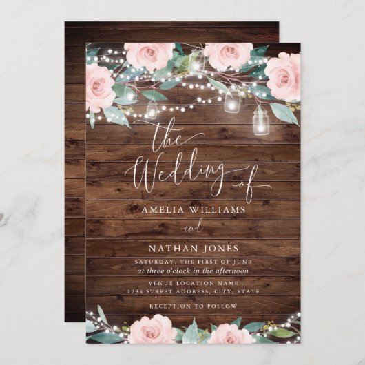 Blush Rustic Leaf String lights Einladung Hochzeit (Vorne/Hinten)