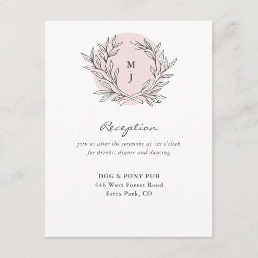 Blush Rustic Monogram Wedding Reception Begleitkarte (Vorderseite)