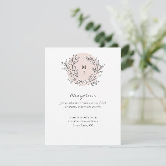 Blush Rustic Monogram Wedding Reception Begleitkarte (Stehend Vorderseite)