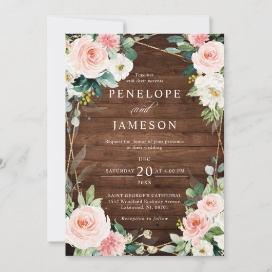 Blush Rustic Wood Geometric Botanical Wedding Einladung (Vorderseite)