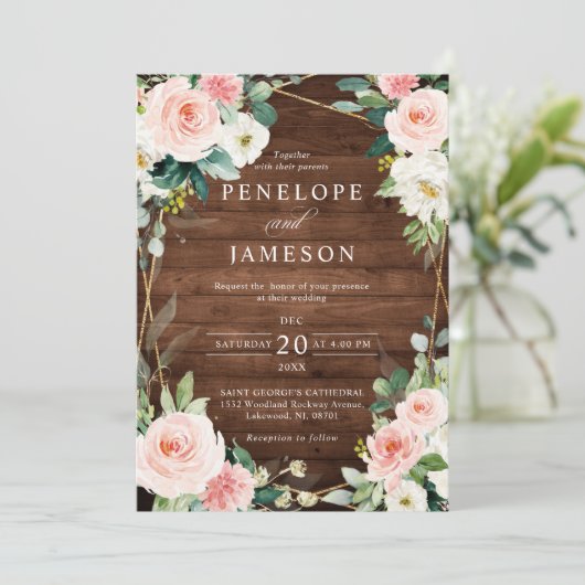 Blush Rustic Wood Geometric Botanical Wedding Einladung (Stehend Vorderseite)