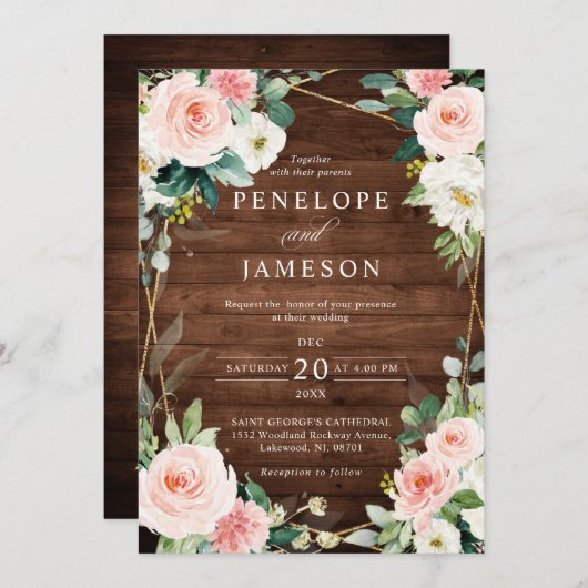 Blush Rustic Wood Geometric Botanical Wedding Einladung (Vorne/Hinten)