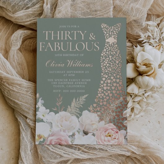 Blush & Sage 30th Birthday Rose Gold Gown Folieneinladung