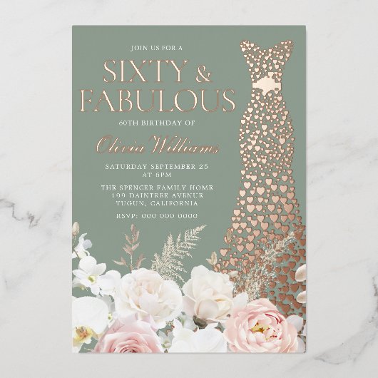  Blush Sage 60th Birthday Rose Gold Gown Folieneinladung (Vorderseite)