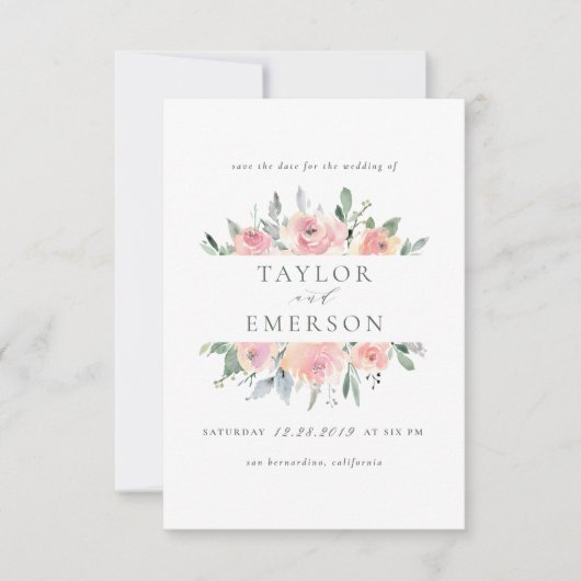 Blush & Sage Aquarell Save the Date Blütenfarbe (Vorderseite)