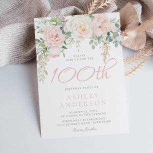 Blush & Sage Elegante Blume 100. Geburtstagsparty Einladung