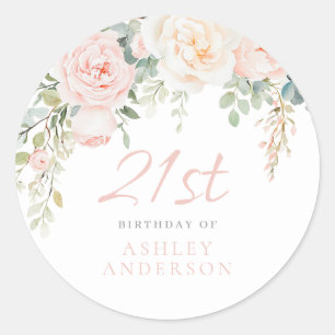 Blush & Sage Floral Girls 21. Geburtstag Party Runder Aufkleber