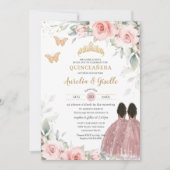 Blush Sage Floral Twins Brown Princess Quinceañera Einladung (Vorderseite)