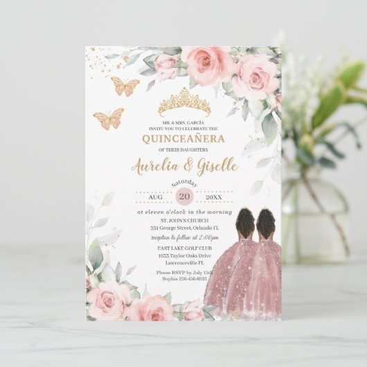 Blush Sage Floral Twins Brown Princess Quinceañera Einladung (Stehend Vorderseite)