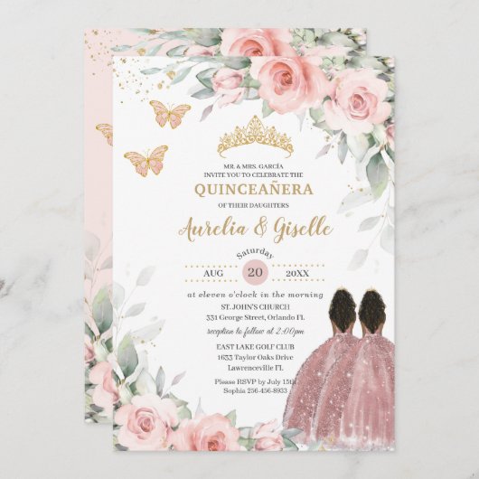 Blush Sage Floral Twins Brown Princess Quinceañera Einladung (Vorne/Hinten)