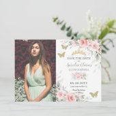 Blush Sage Green Floral Butterfliegen Quinceañera Save The Date (Stehend Vorderseite)