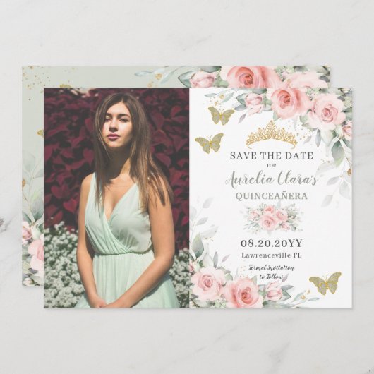 Blush Sage Green Floral Butterfliegen Quinceañera Save The Date (Vorne/Hinten)