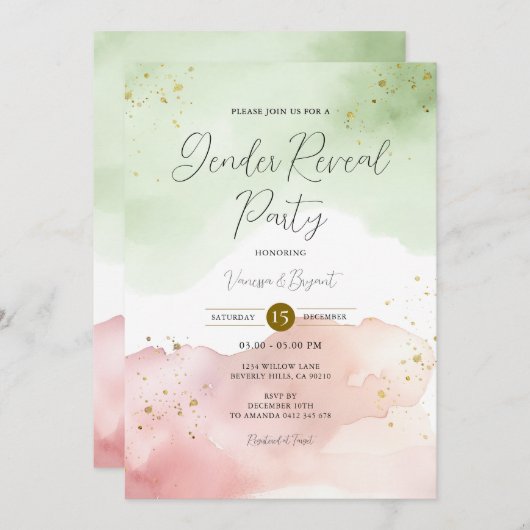 Blush Sage Green & Red Gender Reveal Gold Glitzer Einladung (Vorne/Hinten)