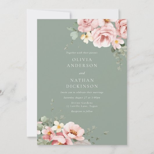 Blush & Sage Green Wedding Einladung (Vorderseite)