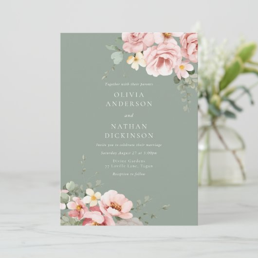 Blush & Sage Green Wedding Einladung (Stehend Vorderseite)