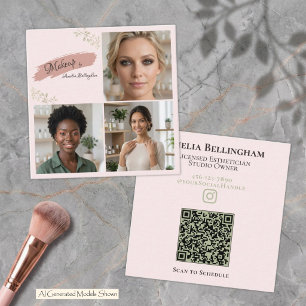 Blush Sage Luxus 3-Foto-Portfolio QR-Code Make-up Quadratische Visitenkarte