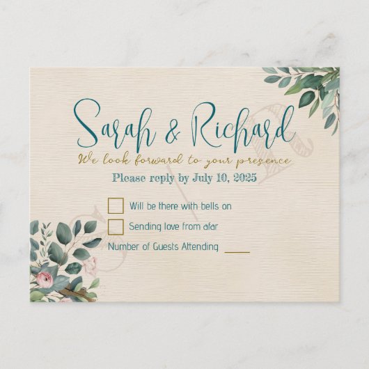 Blush & Sage mit Watercolor Foliage Wedding RSVP Postkarte (Vorderseite)