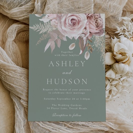 Blush & Sage Rosen Boho-Hochzeit Einladung