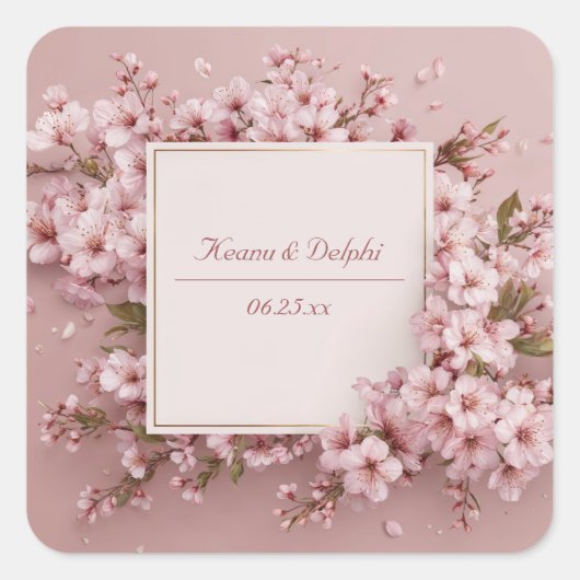 Blush Sakura Cherry Blossom Hochzeit Quadratischer Aufkleber (Vorderseite)