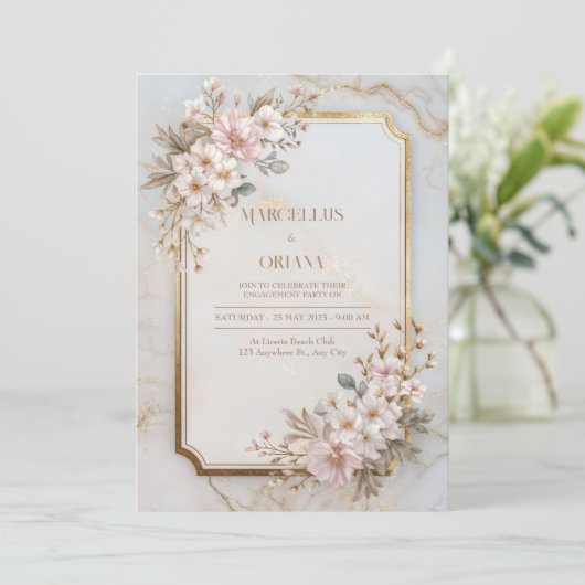 Blush Sakura Marble Gilded Frame Wedding Einladung (Stehend Vorderseite)