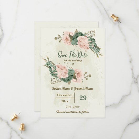 Blush & Salbei Blume botanische Hochzeit Save The Date (Vorderseite/Rückseite Beispiel)