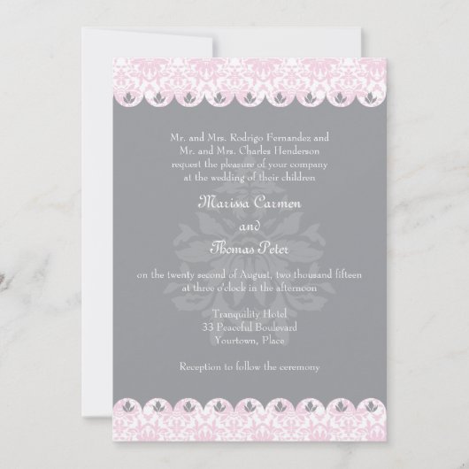 Blush Scalloped Damask Hochzeitseinladung Einladung (Vorderseite)