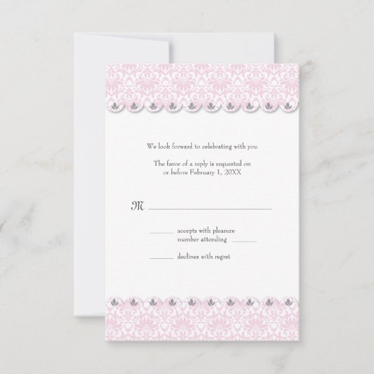 Blush Scalloped Damask Wedding Reply Card RSVP Karte (Vorderseite)