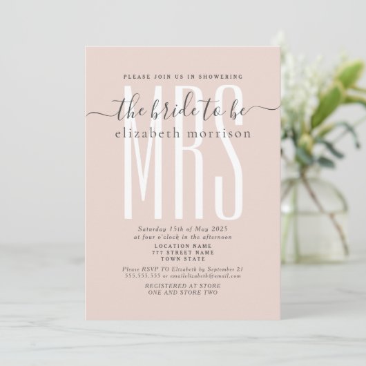 Blush Script Bridal Dusche Einladung (Stehend Vorderseite)