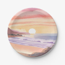 Blush Sea Sonnenuntergang | Strand Aquarellmalerei