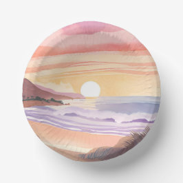 Blush Sea Sonnenuntergang | Strand Aquarellmalerei Pappteller