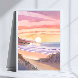 Blush Sea Sonnenuntergang | Strand Aquarellmalerei Poster