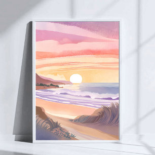 Blush Sea Sonnenuntergang   Strand Aquarellmalerei Poster