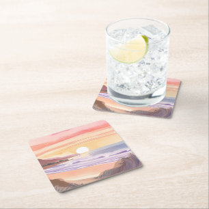 Blush Sea Sonnenuntergang   Wasserfarbenmalerei am Rechteckiger Pappuntersetzer